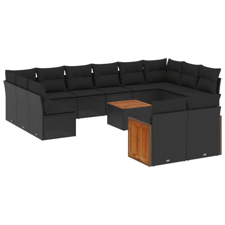 13-delige Loungeset met kussens poly rattan zwart