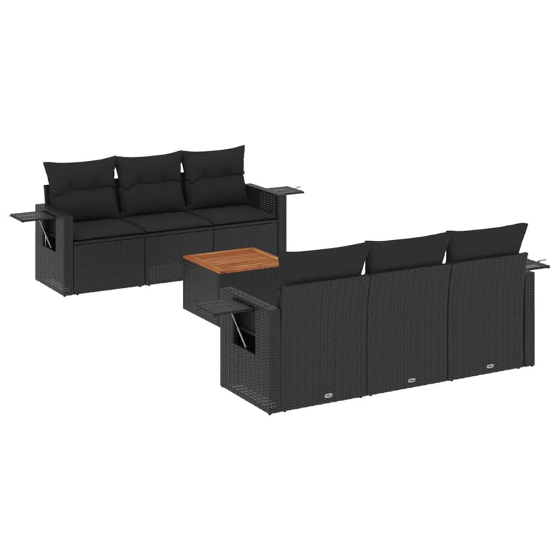 7-delige Loungeset met kussens poly rattan zwart