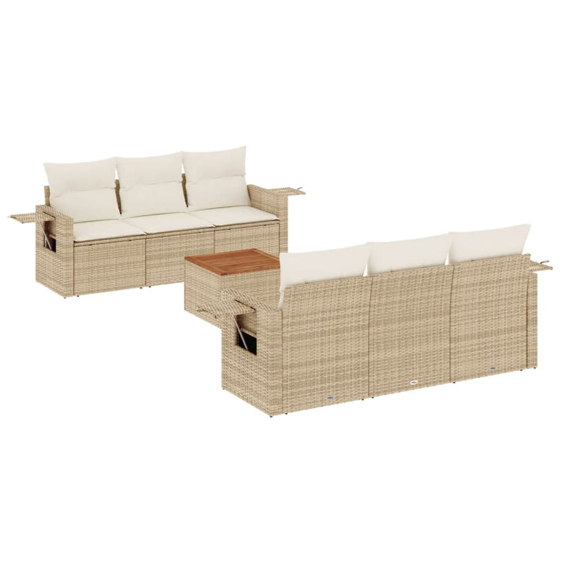 7-delige Loungeset met kussens poly rattan beige
