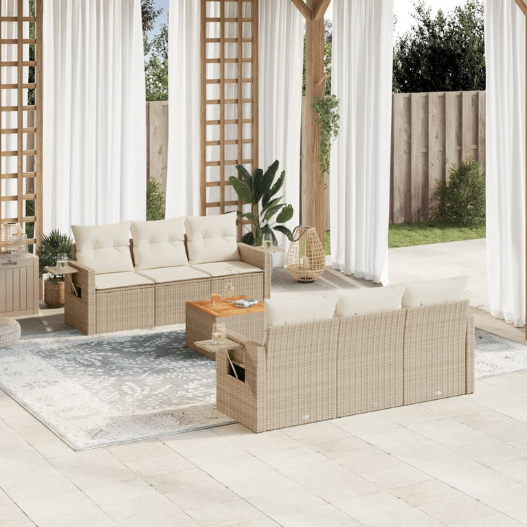 7-delige Loungeset met kussens poly rattan beige