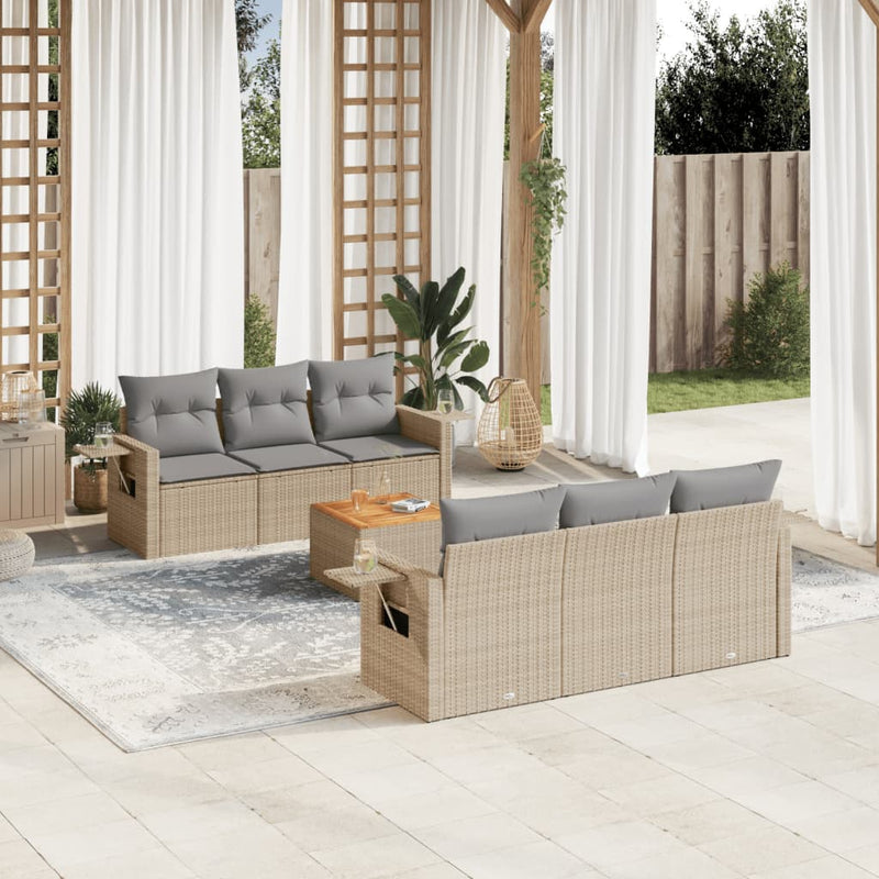 7-delige Loungeset met kussens poly rattan beige