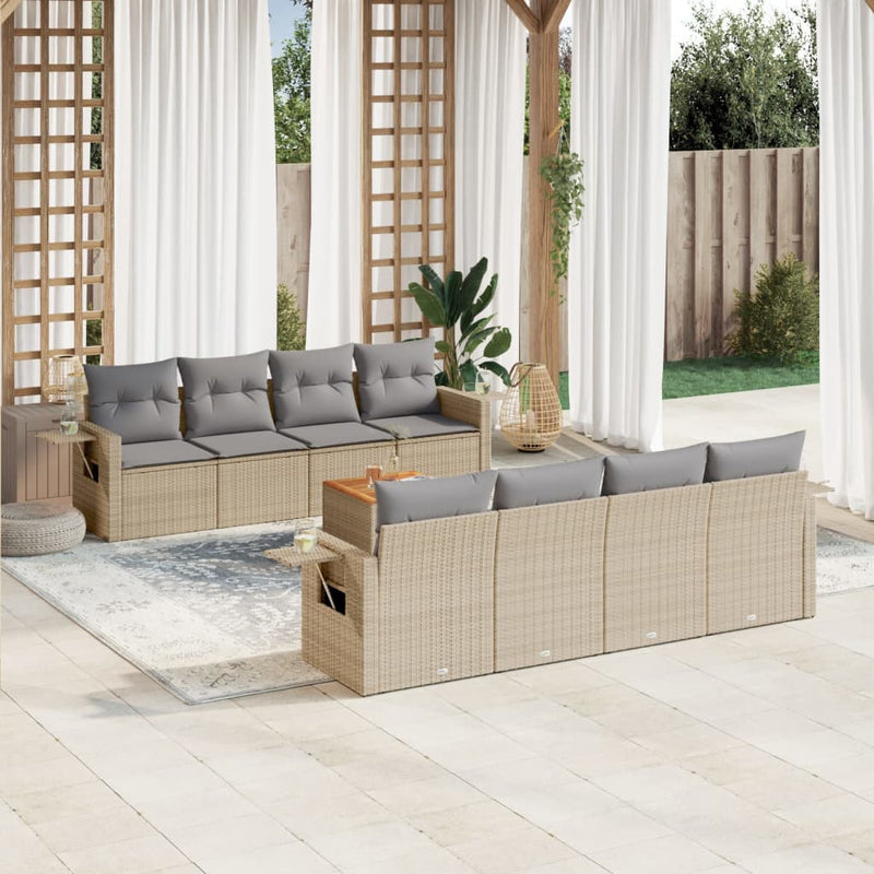 9-delige Loungeset met kussens poly rattan beige