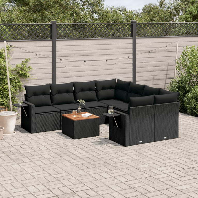 9-delige Loungeset met kussens poly rattan zwart