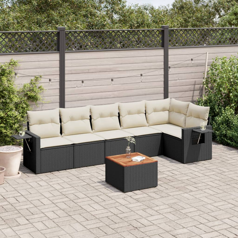 7-delige Loungeset met kussens poly rattan zwart