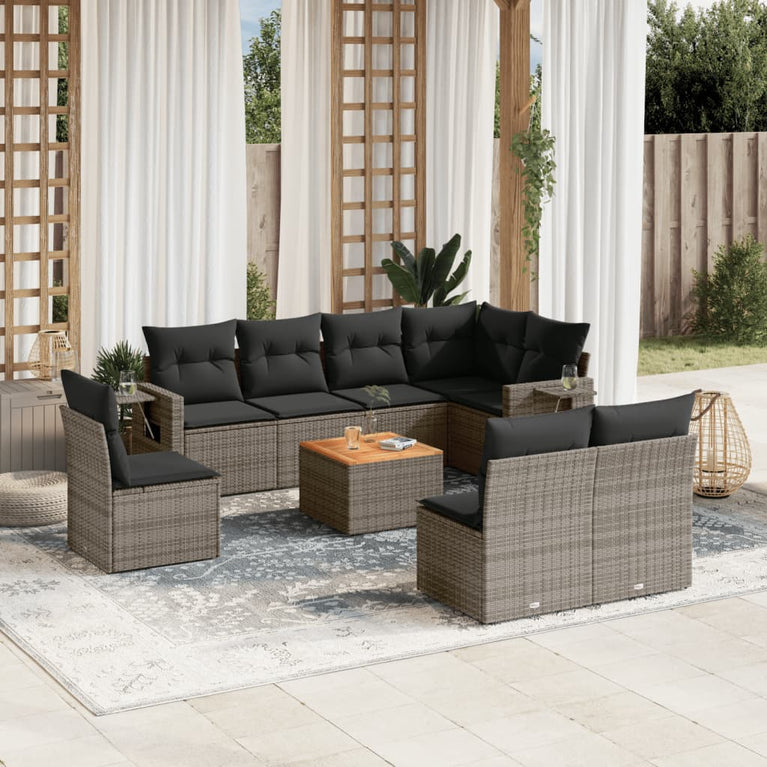 9-delige Loungeset met kussens poly rattan grijs