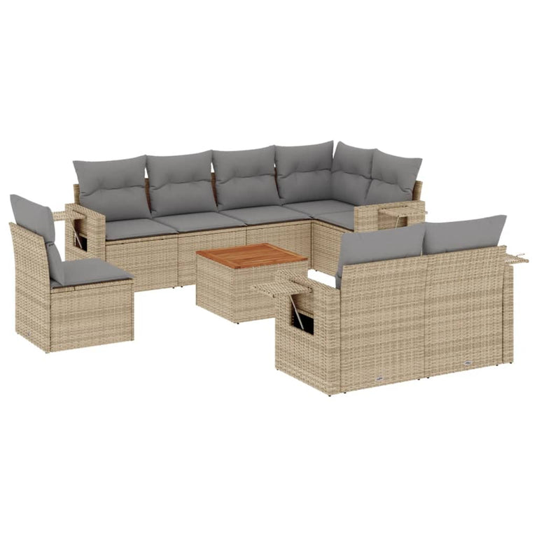 9-delige Loungeset met kussens poly rattan beige
