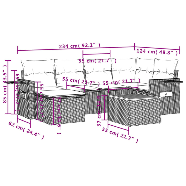 7-delige Loungeset met kussens poly rattan grijs