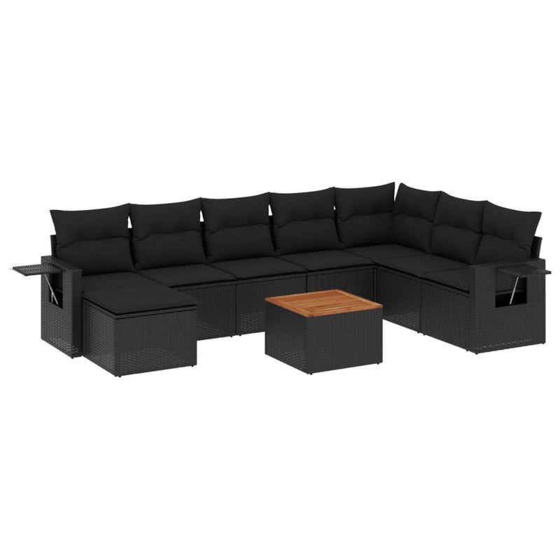 9-delige Loungeset met kussens poly rattan zwart
