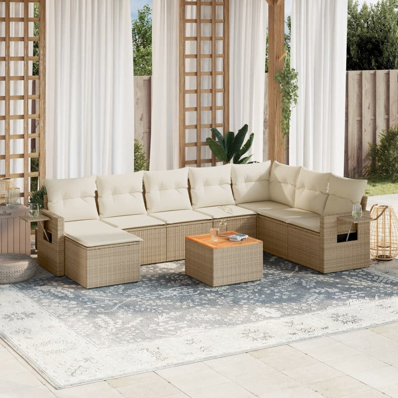 9-delige Loungeset met kussens poly rattan beige