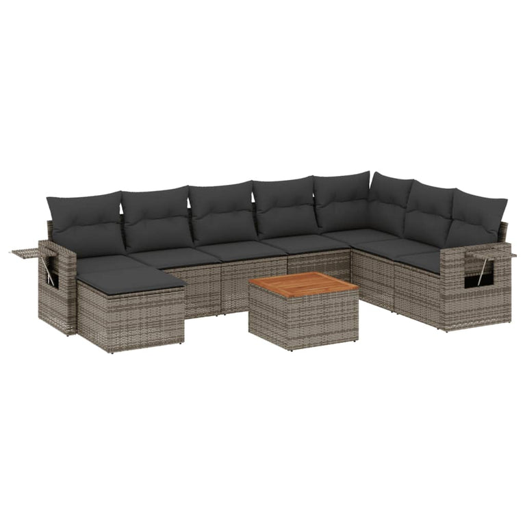 9-delige Loungeset met kussens poly rattan grijs