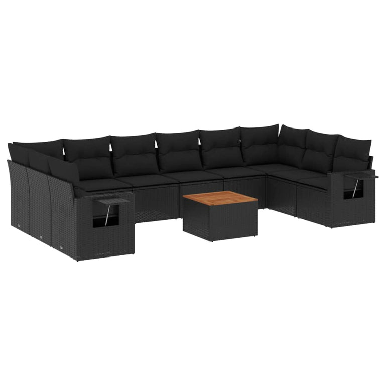 11-delige Loungeset met kussens poly rattan zwart