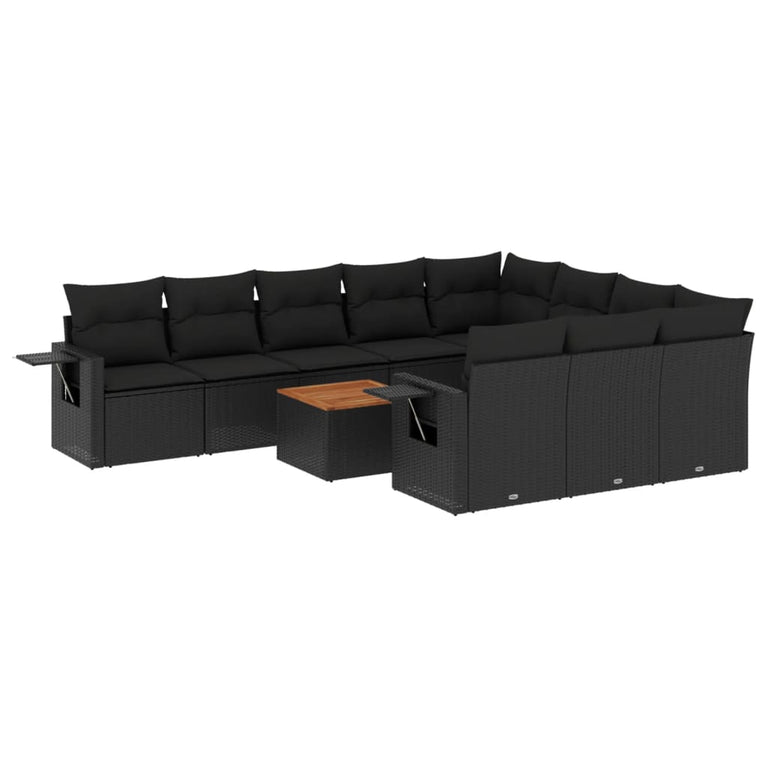 11-delige Loungeset met kussens poly rattan zwart