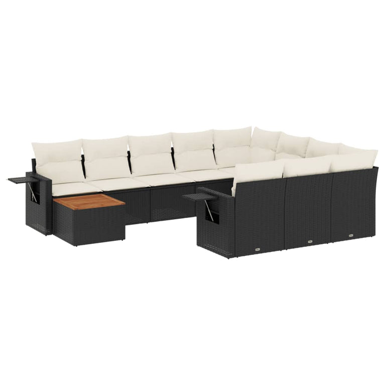 11-delige Loungeset met kussens poly rattan zwart