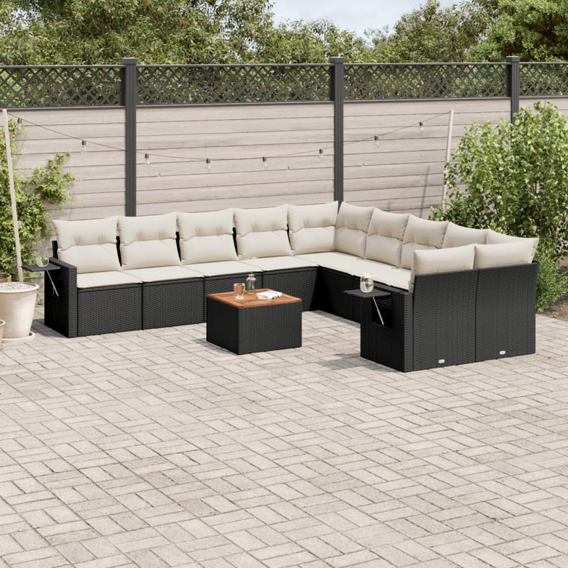 11-delige Loungeset met kussens poly rattan zwart