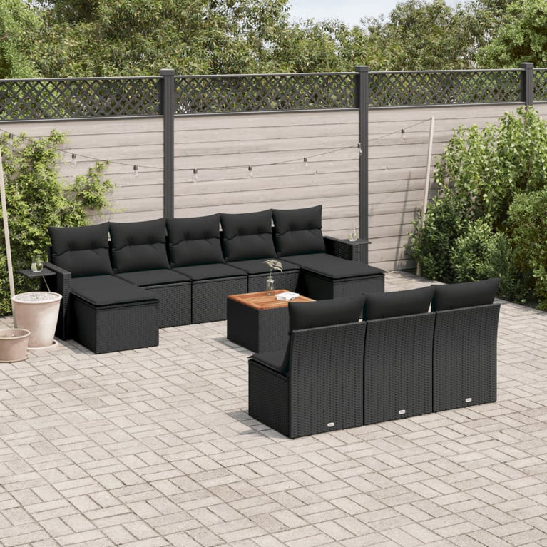 11-delige Loungeset met kussens poly rattan zwart