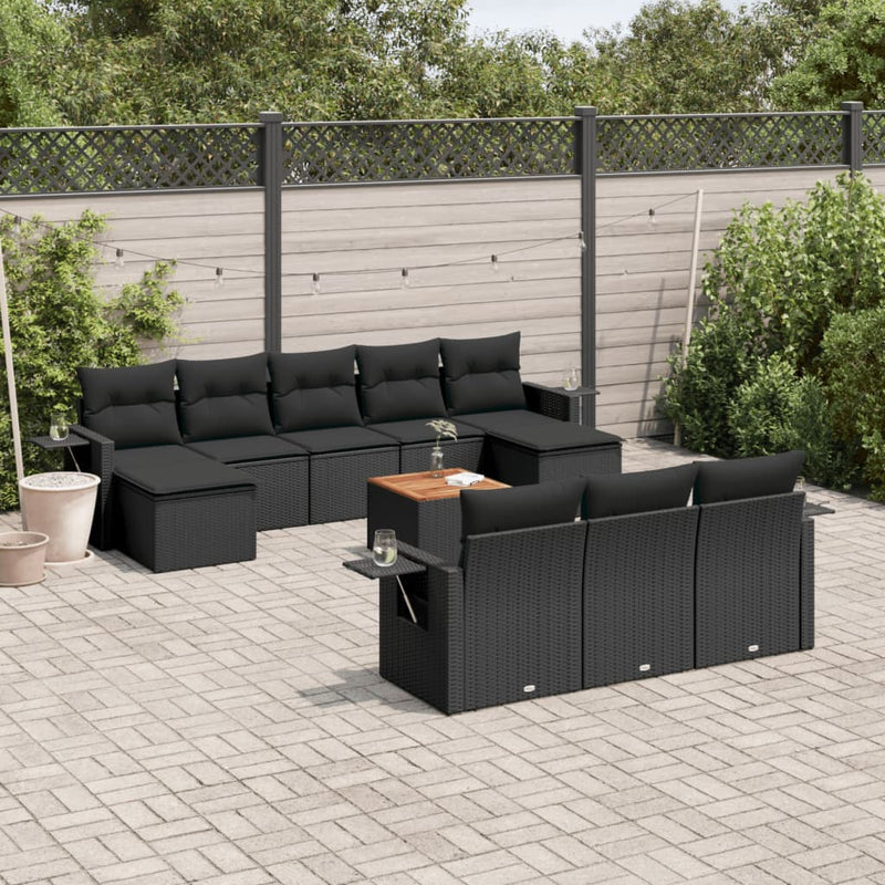 11-delige Loungeset met kussens poly rattan zwart