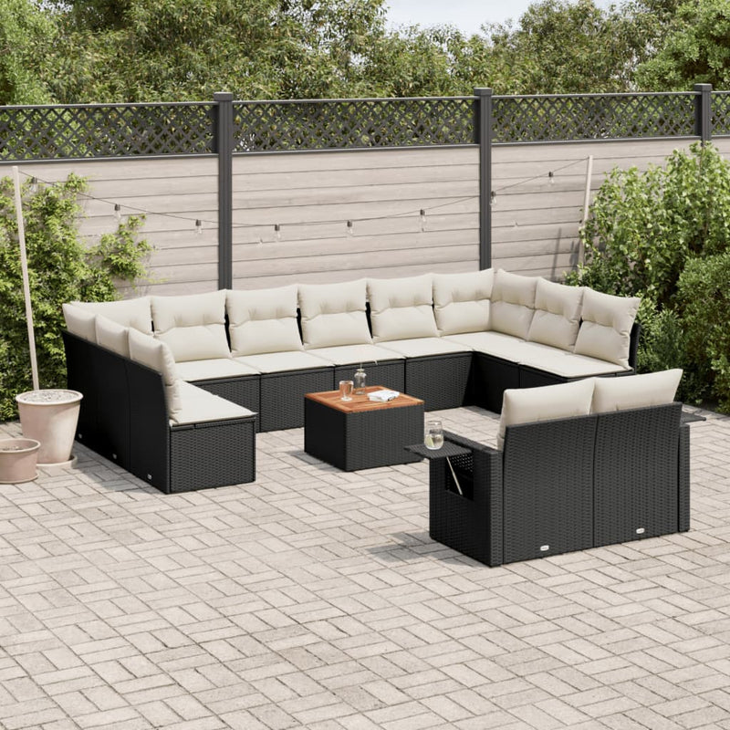 13-delige Loungeset met kussens poly rattan zwart