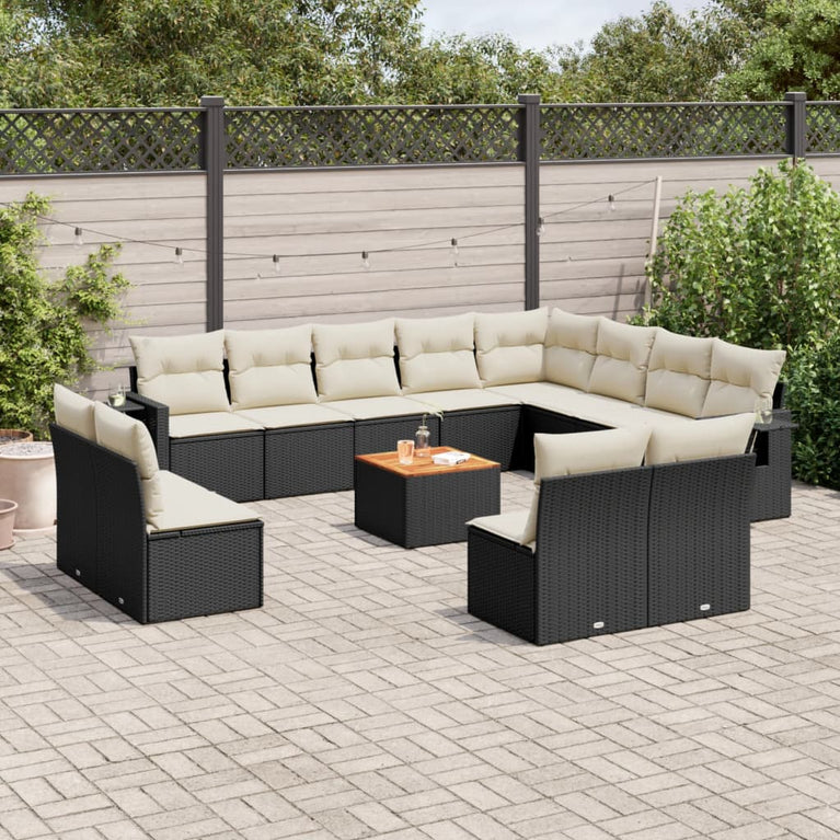 13-delige Loungeset met kussens poly rattan zwart