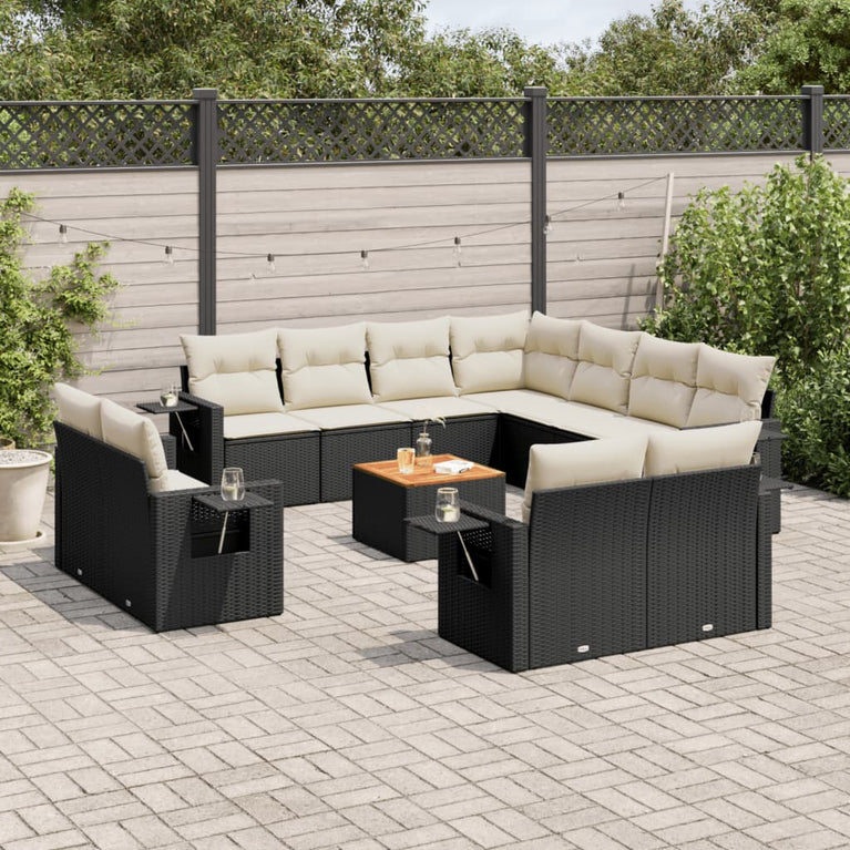12-delige Loungeset met kussens poly rattan zwart