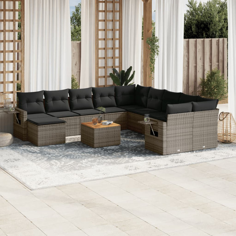 12-delige Loungeset met kussens poly rattan grijs