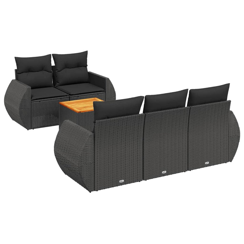 6-delige Loungeset met kussens poly rattan zwart