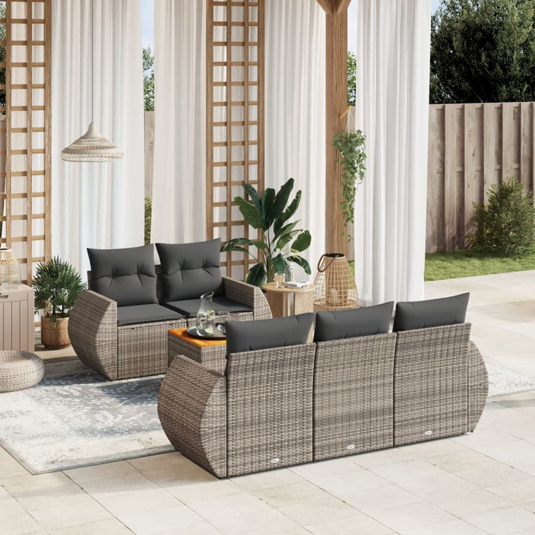 6-delige Loungeset met kussens poly rattan grijs