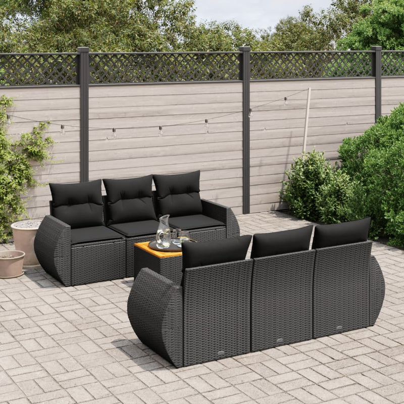 7-delige Loungeset met kussens poly rattan zwart