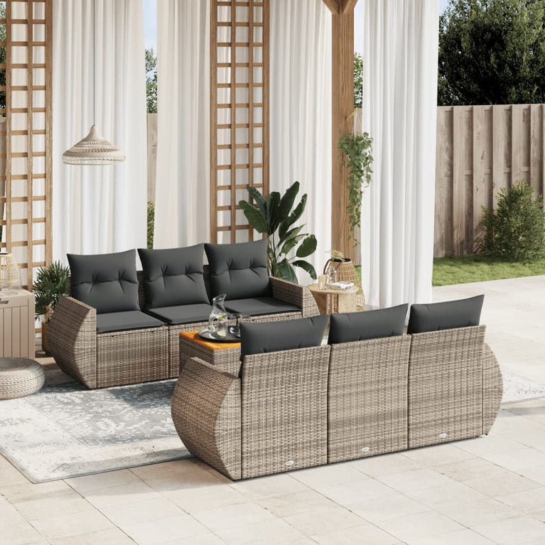 7-delige Loungeset met kussens poly rattan grijs