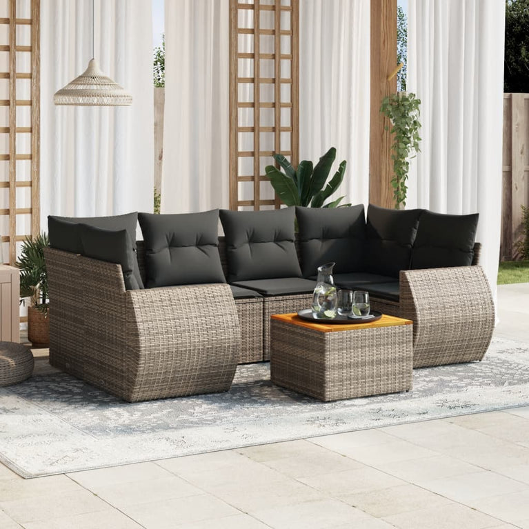 7-delige Loungeset met kussens poly rattan grijs