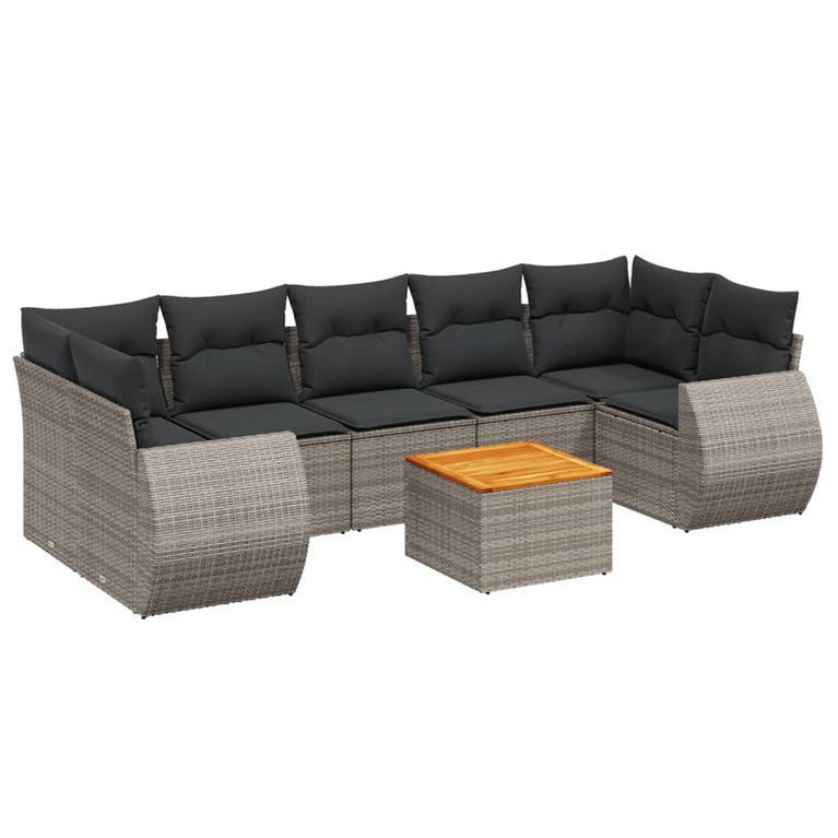 8-delige Loungeset met kussens poly rattan grijs