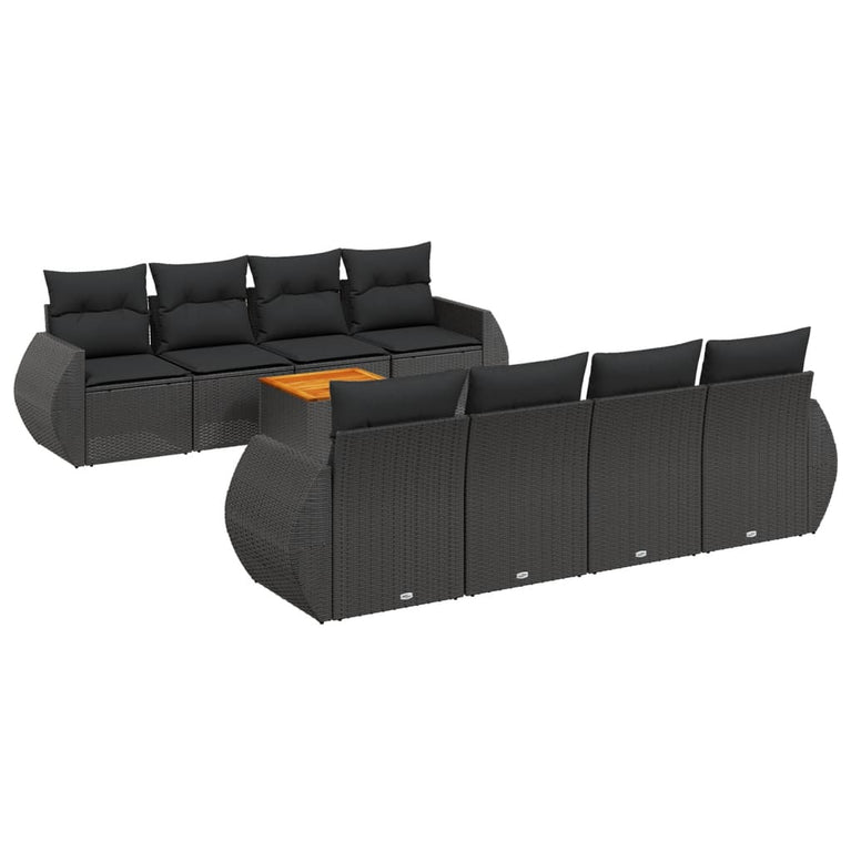 9-delige Loungeset met kussens poly rattan zwart