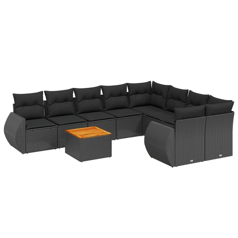 9-delige Loungeset met kussens poly rattan zwart
