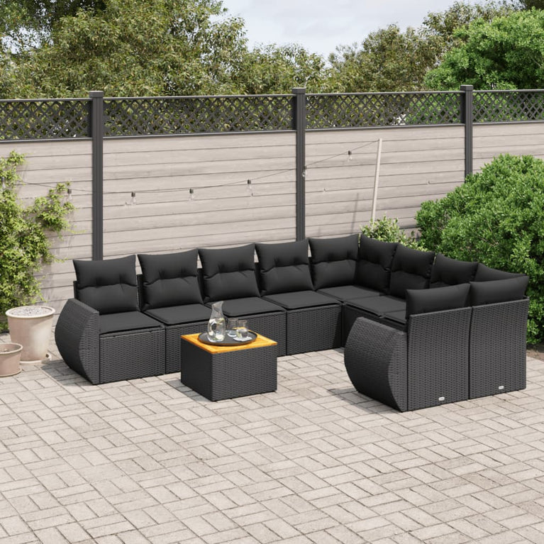 9-delige Loungeset met kussens poly rattan zwart