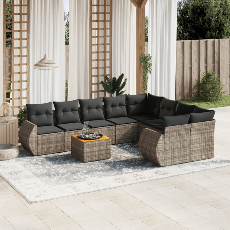 9-delige Loungeset met kussens poly rattan grijs