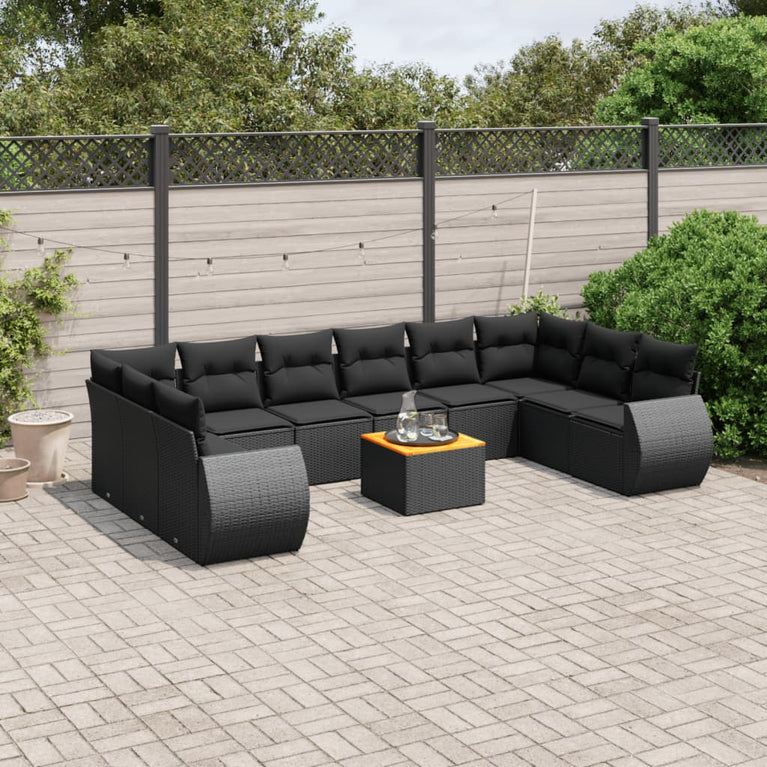 11-delige Loungeset met kussens poly rattan zwart