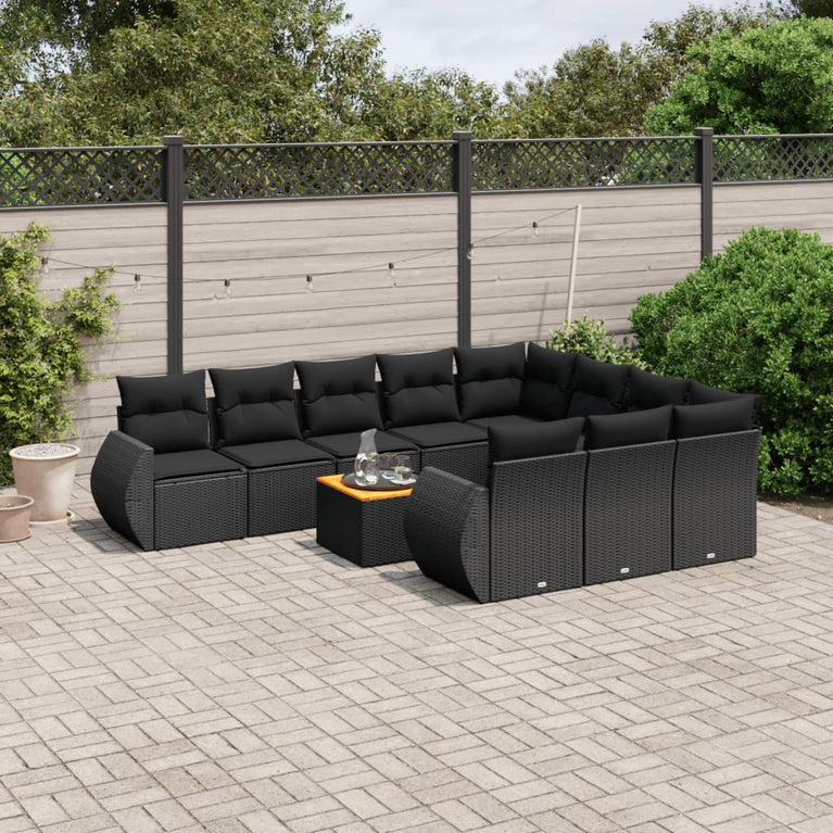 11-delige Loungeset met kussens poly rattan zwart