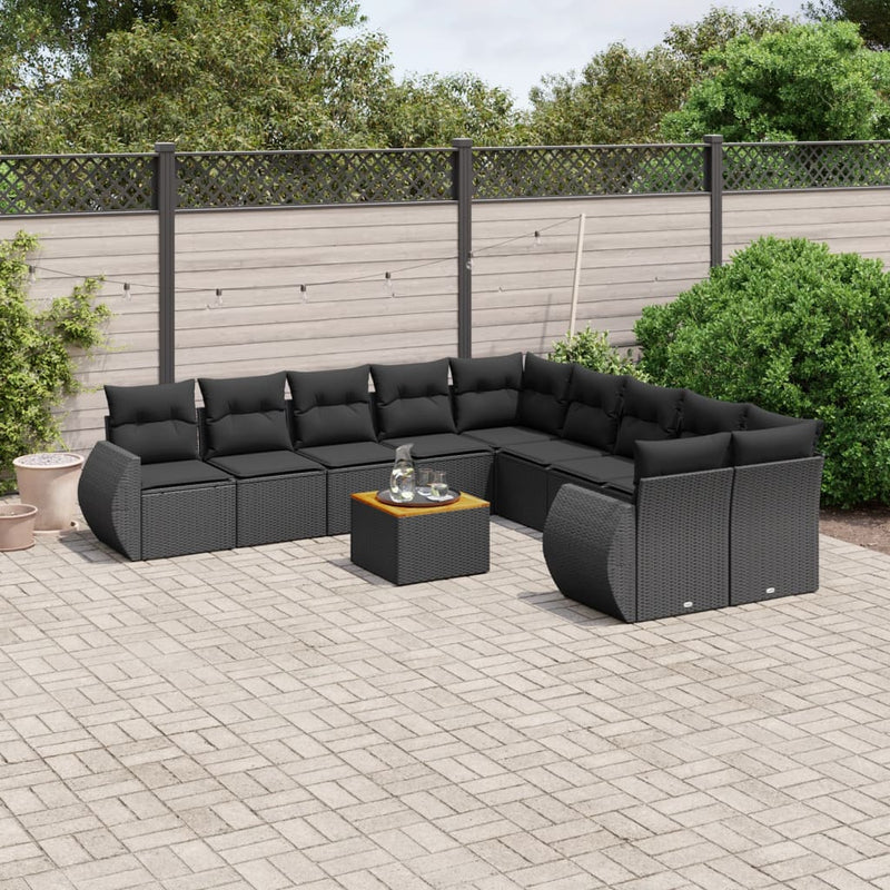 11-delige Loungeset met kussens poly rattan zwart