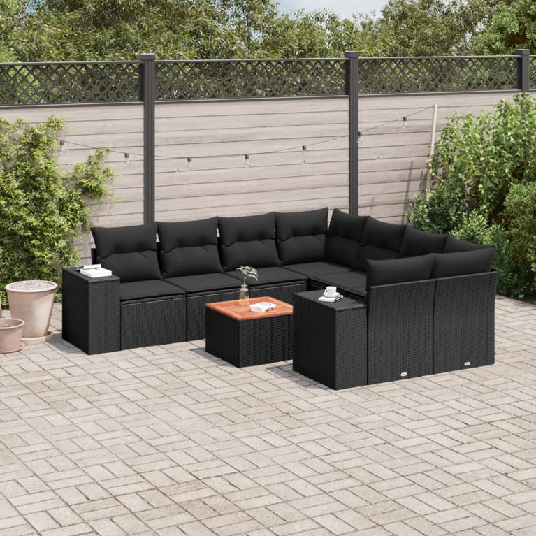 9-delige Loungeset met kussens poly rattan zwart