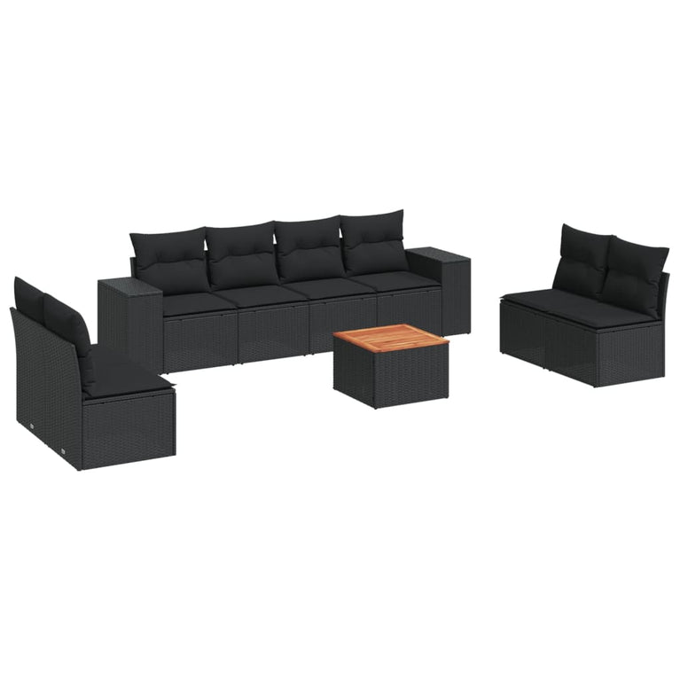 9-delige Loungeset met kussens poly rattan zwart