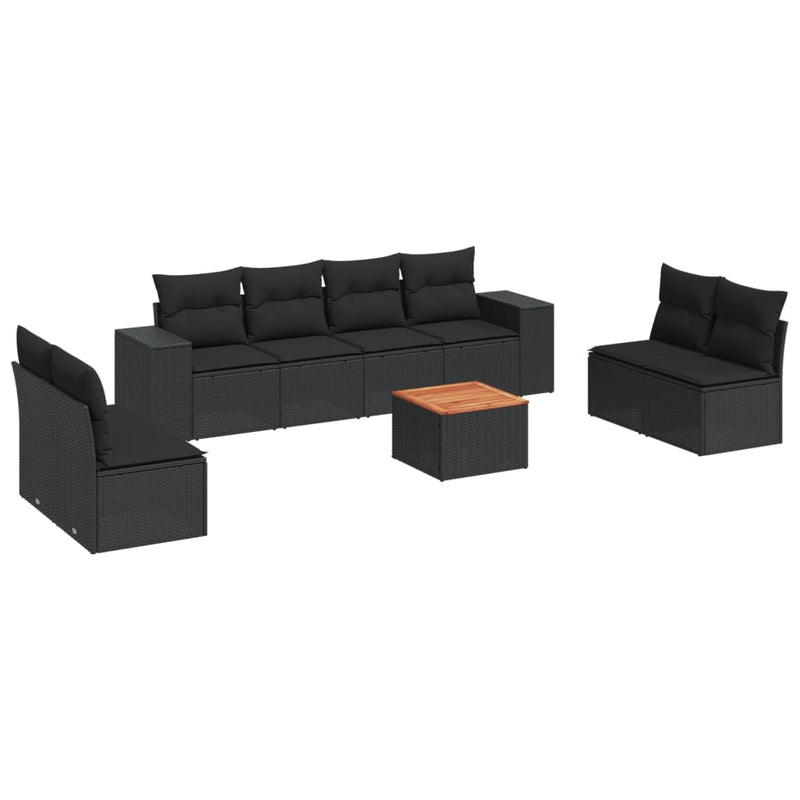 9-delige Loungeset met kussens poly rattan zwart