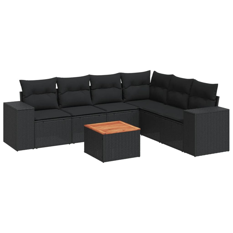 7-delige Loungeset met kussens poly rattan zwart