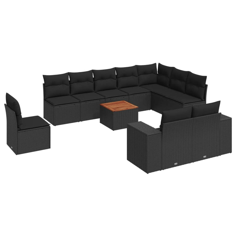 11-delige Loungeset met kussens poly rattan zwart