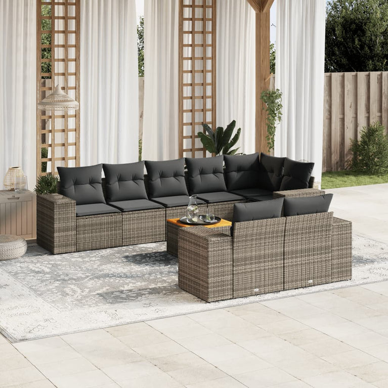 9-delige Loungeset met kussens poly rattan grijs