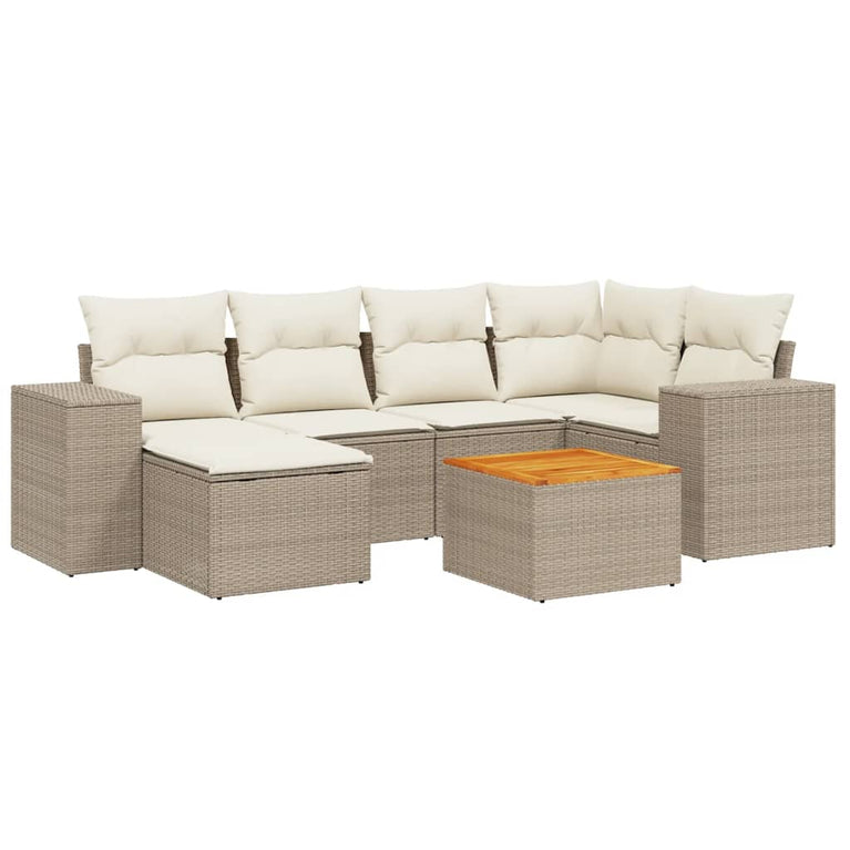 7-delige Loungeset met kussens poly rattan beige