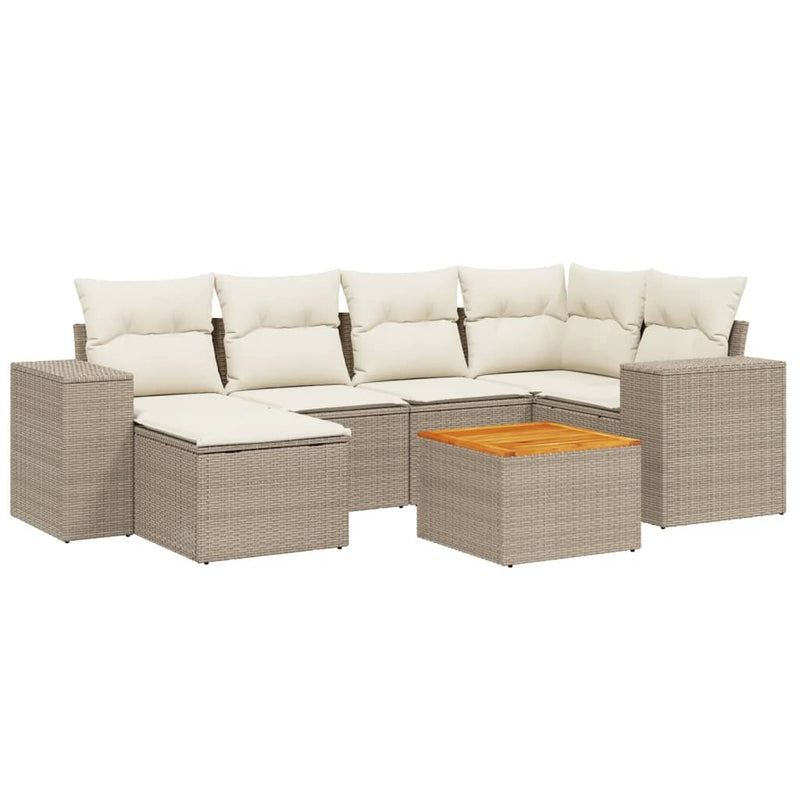 7-delige Loungeset met kussens poly rattan beige