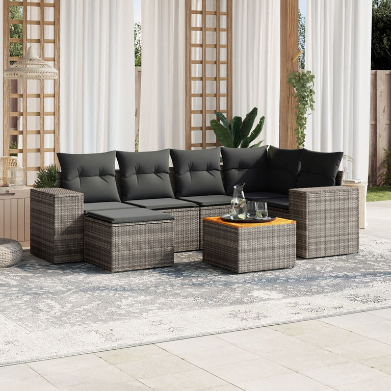 7-delige Loungeset met kussens poly rattan grijs