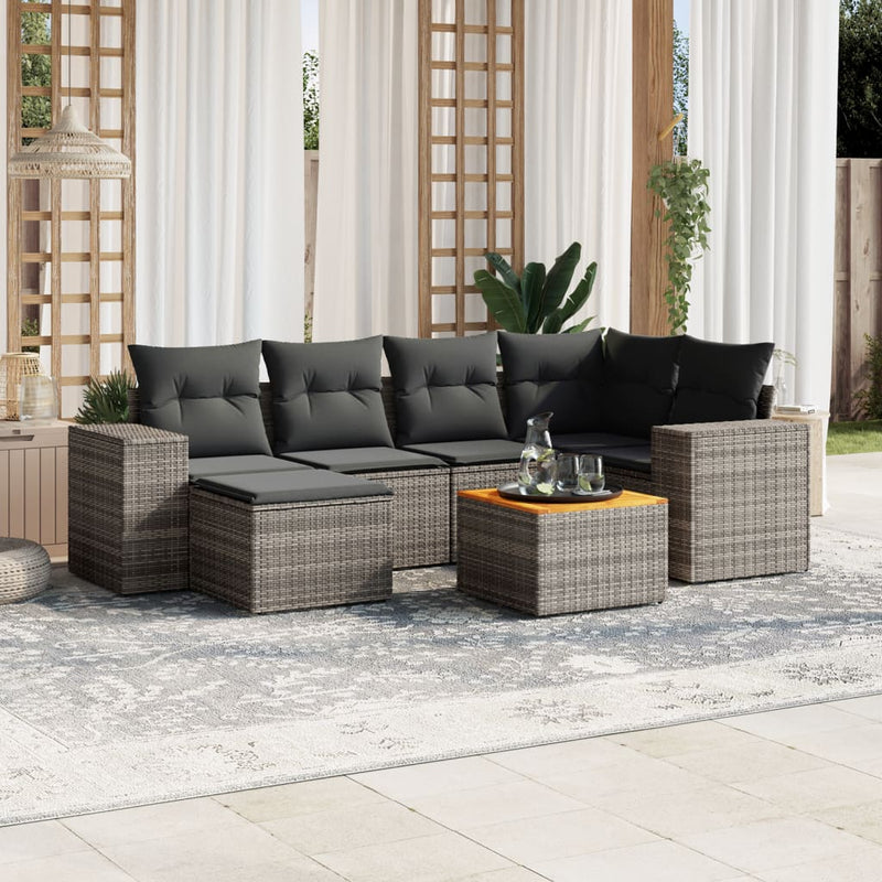 7-delige Loungeset met kussens poly rattan grijs
