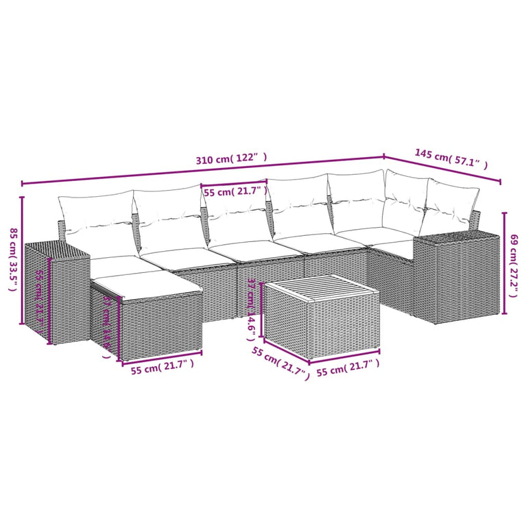 8-delige Loungeset met kussens poly rattan zwart