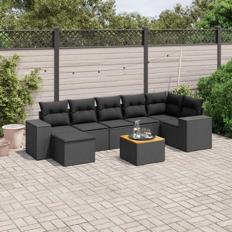 8-delige Loungeset met kussens poly rattan zwart