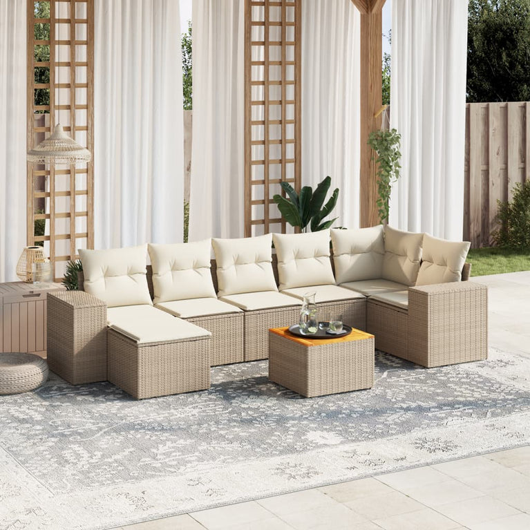 8-delige Loungeset met kussens poly rattan beige